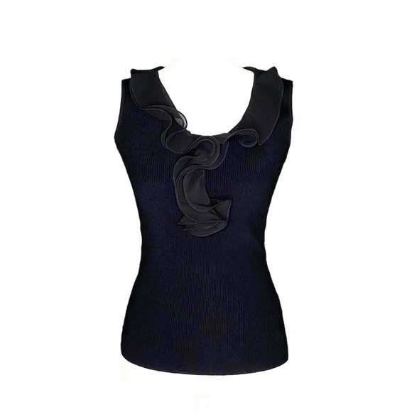 Adrienne Vittadini Black Ribbed Knit Tank Top with Sheer Ruffle Detail · Size M - Picture 2 of 4